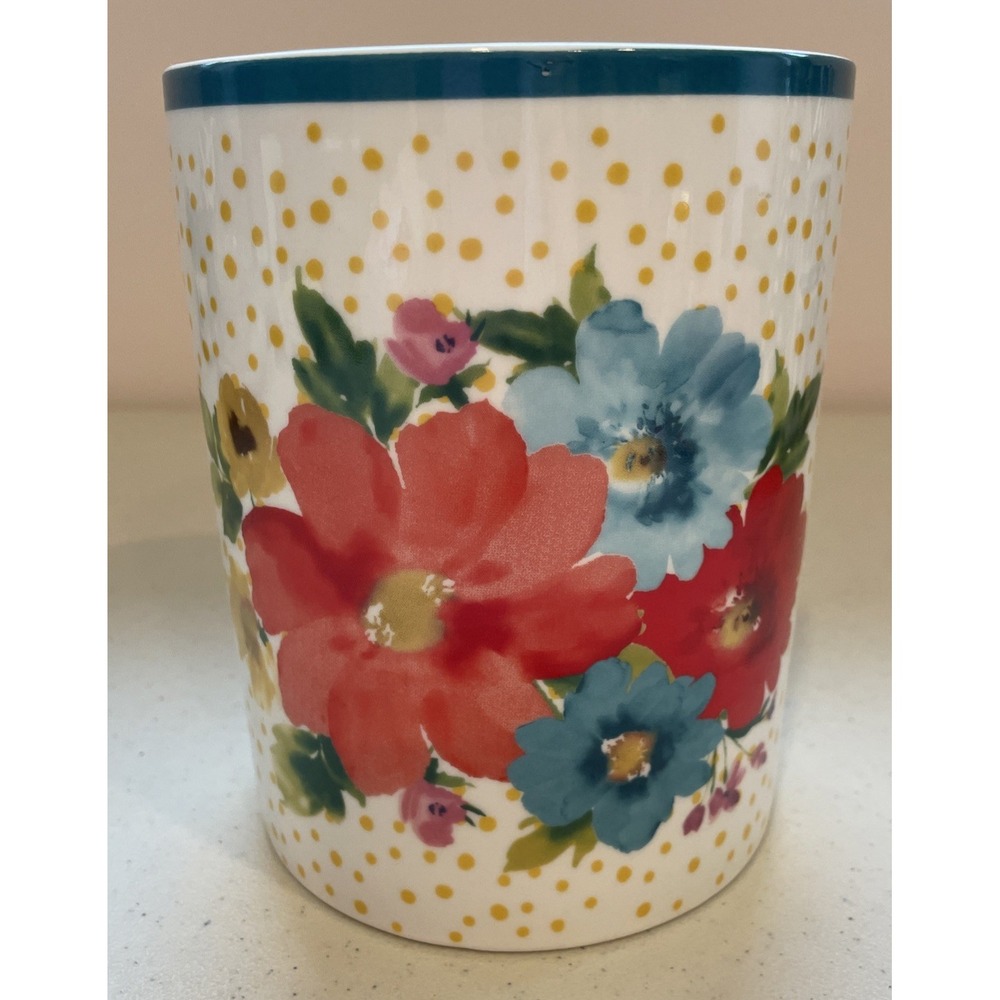 Breezy Blossom Crock Utensil Holder Pioneer Woman Floral Yellow Polka Dot 6"